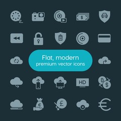 Modern Simple Set of money, cloud and networking, security, video Vector fill Icons. ..Contains such Icons as  cameraman,  cinema,  icon, hd and more on dark background. Fully Editable. Pixel Perfect.