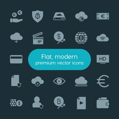 Modern Simple Set of money, cloud and networking, security, video Vector fill Icons. ..Contains such Icons as  high,  finance,  money,  bug and more on dark background. Fully Editable. Pixel Perfect.