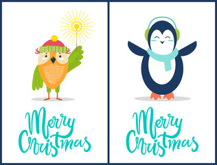 Merry Christmas Owl, Penguin Vector Illustration