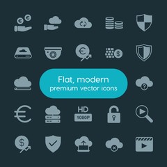 Modern Simple Set of money, cloud and networking, security, video Vector fill Icons. ..Contains such Icons as  media,  upload,  protection and more on dark background. Fully Editable. Pixel Perfect.