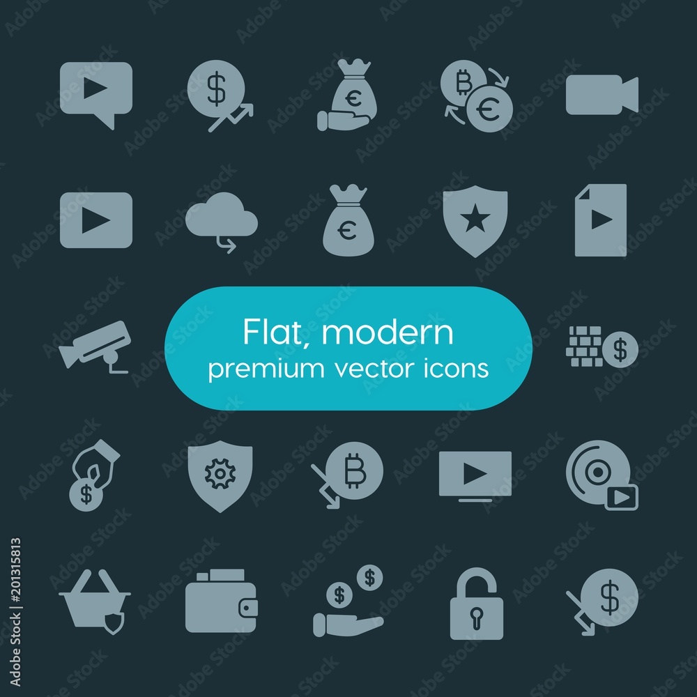 Poster modern simple set of money, cloud and networking, security, video vector fill icons. ..contains such
