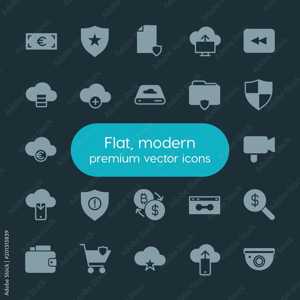 Poster modern simple set of money, cloud and networking, security, video vector fill icons. ..contains such