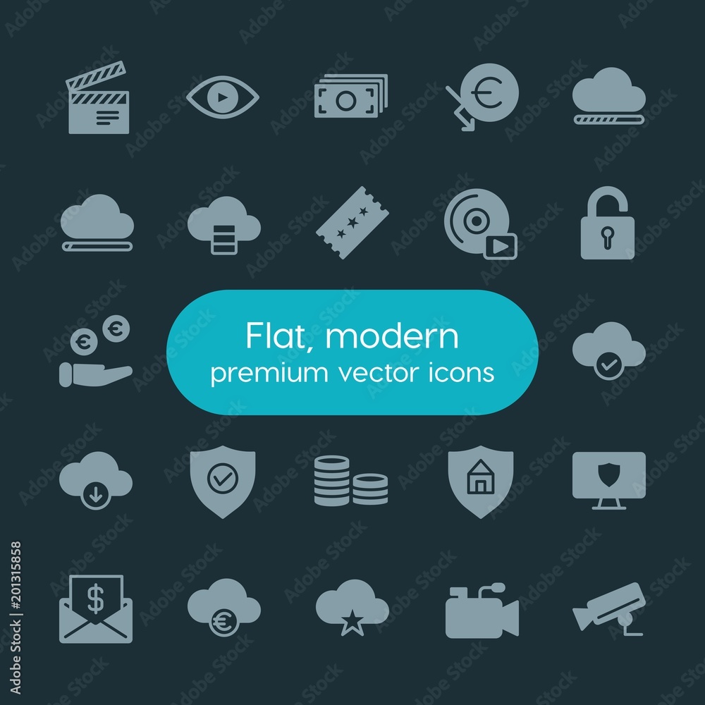 Poster modern simple set of money, cloud and networking, security, video vector fill icons. ..contains such
