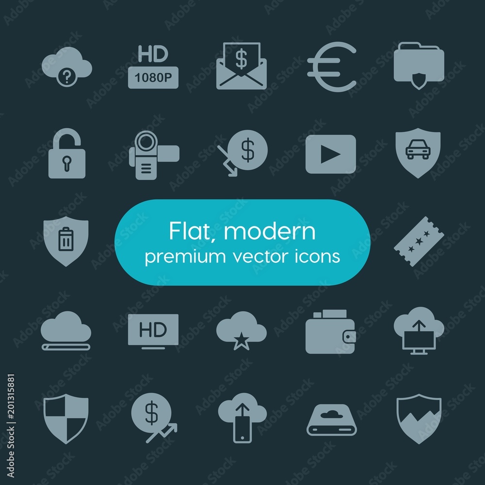 Poster modern simple set of money, cloud and networking, security, video vector fill icons. ..contains such