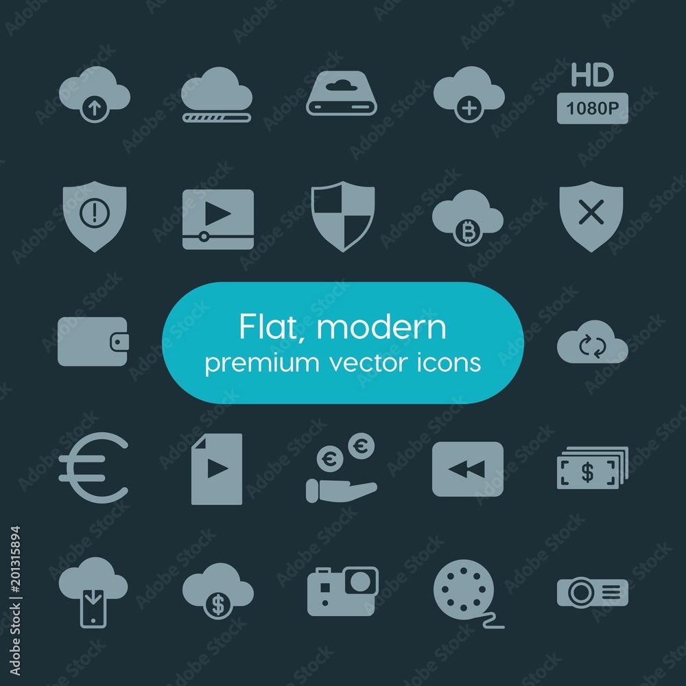 Poster modern simple set of money, cloud and networking, security, video vector fill icons. ..contains such