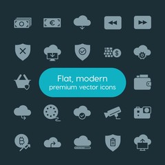 Modern Simple Set of money, cloud and networking, security, video Vector fill Icons. ..Contains such Icons as  transfer, disability,  action and more on dark background. Fully Editable. Pixel Perfect.