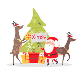 Fototapeta premium Deers Decorate Fir Tree. Christmas Decor Presents