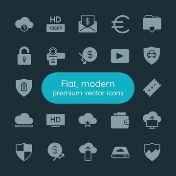 Modern Simple Set of money, cloud and networking, security, video Vector fill Icons. ..Contains such Icons as  mail,  sign,  storage, wealth and more on dark background. Fully Editable. Pixel Perfect.