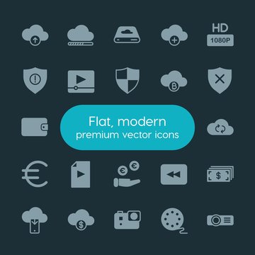 Modern Simple Set of money, cloud and networking, security, video Vector fill Icons. ..Contains such Icons as download,  symbol, cloud,  usd and more on dark background. Fully Editable. Pixel Perfect.