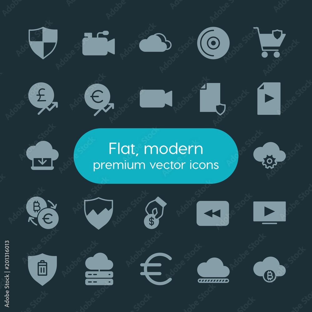 Poster modern simple set of money, cloud and networking, security, video vector fill icons. ..contains such