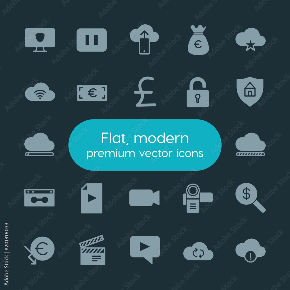 Poster modern simple set of money, cloud and networking, security, video vector fill icons. ..contains such