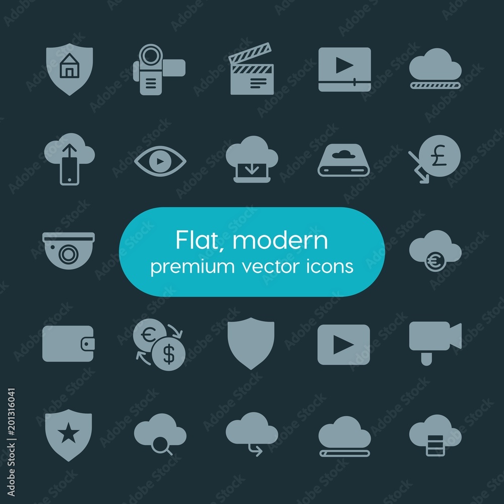 Poster modern simple set of money, cloud and networking, security, video vector fill icons. ..contains such
