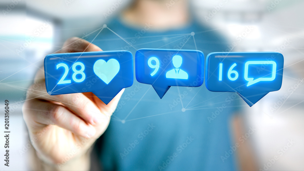 Poster businessman holding a like, follower and message notification on social network - 3d render