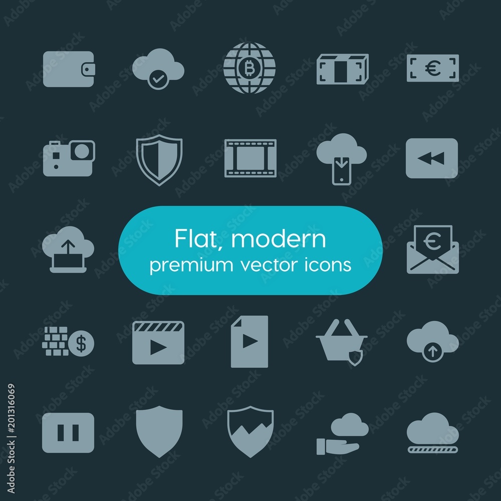 Poster modern simple set of money, cloud and networking, security, video vector fill icons. ..contains such