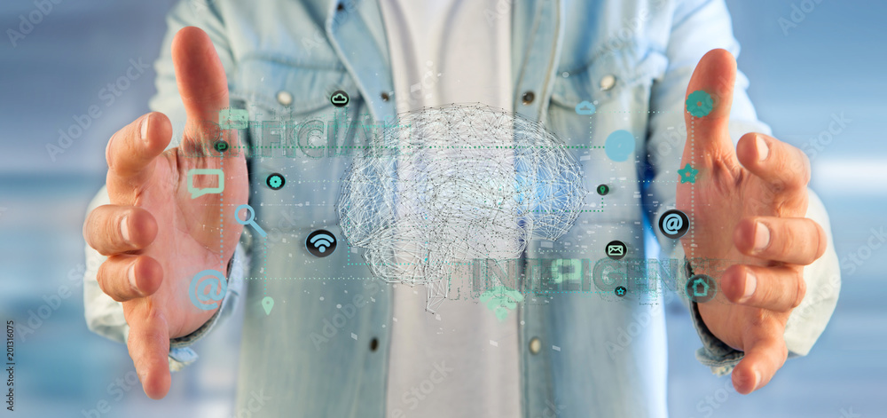 Poster man holding a 3d rendering artificial intelligence concept with a brain and app