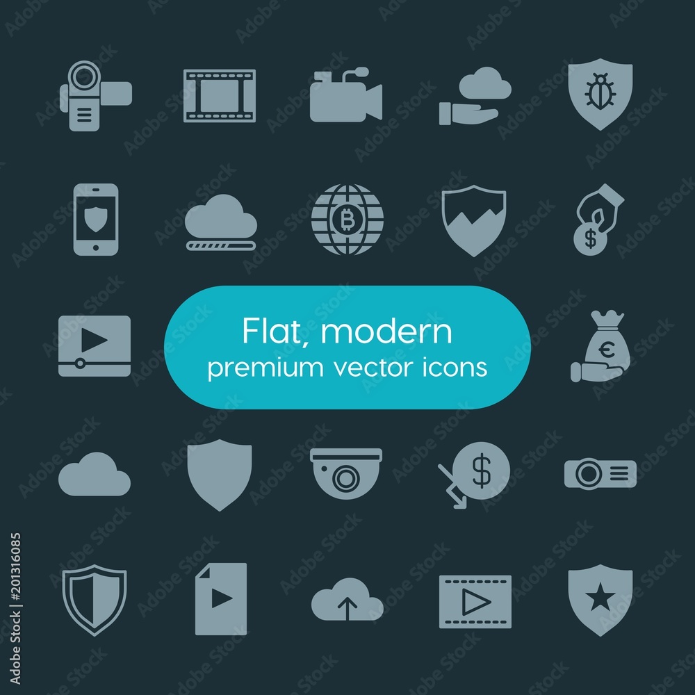Poster modern simple set of money, cloud and networking, security, video vector fill icons. ..contains such