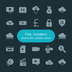 Modern Simple Set of money, cloud and networking, security, video Vector fill Icons. ..Contains such Icons as  internet,  euro, camera, film and more on dark background. Fully Editable. Pixel Perfect.