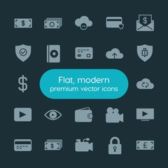 Modern Simple Set of money, cloud and networking, security, video Vector fill Icons. ..Contains such Icons as financial, plastic,  home, dvd and more on dark background. Fully Editable. Pixel Perfect.