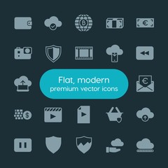 Modern Simple Set of money, cloud and networking, security, video Vector fill Icons. ..Contains such Icons as  leather,  secure, shield and more on dark background. Fully Editable. Pixel Perfect.