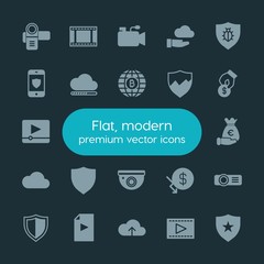 Modern Simple Set of money, cloud and networking, security, video Vector fill Icons. ..Contains such Icons as  business, security,  camera and more on dark background. Fully Editable. Pixel Perfect.