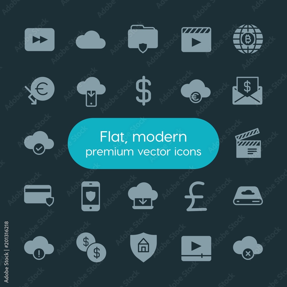 Poster modern simple set of money, cloud and networking, security, video vector fill icons. ..contains such