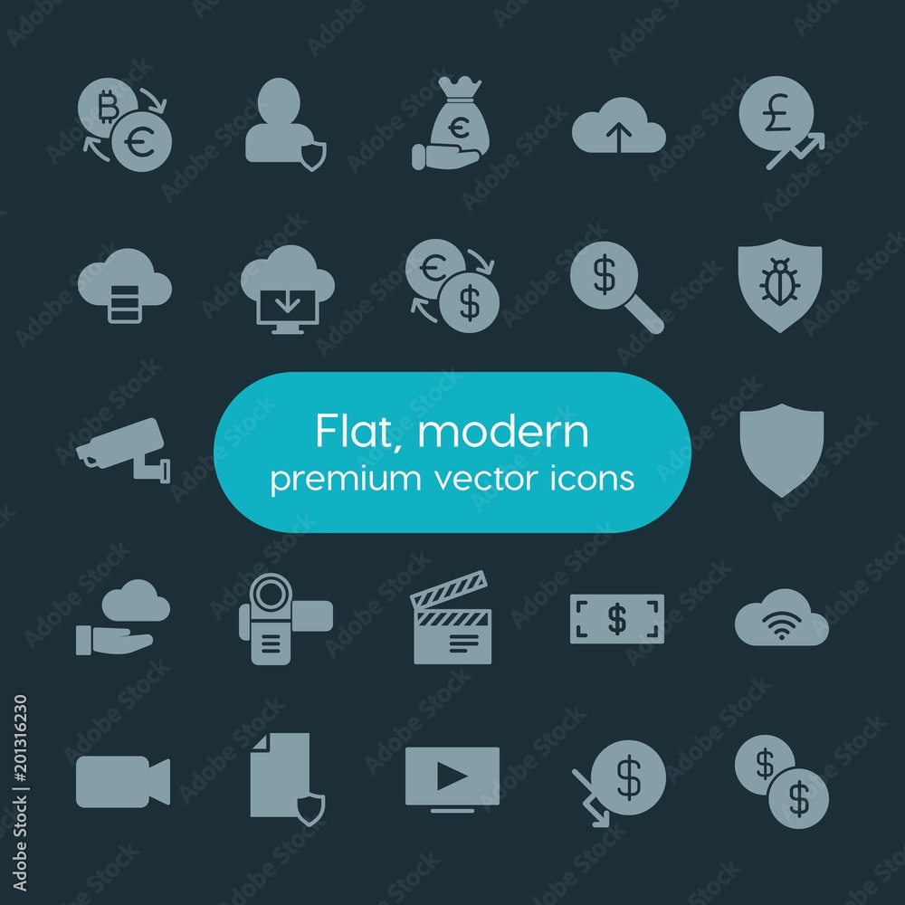 Poster modern simple set of money, cloud and networking, security, video vector fill icons. ..contains such