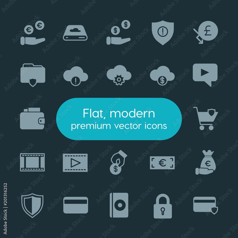 Poster modern simple set of money, cloud and networking, security, video vector fill icons. ..contains such