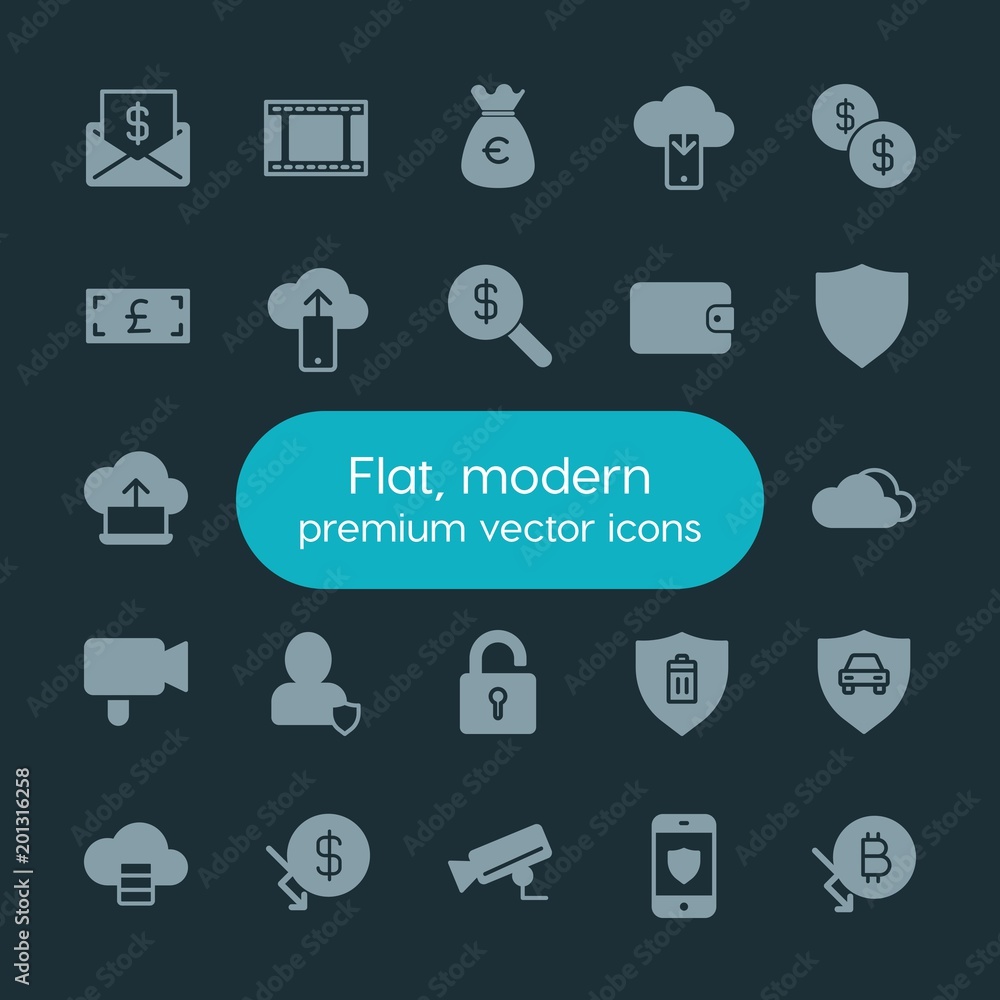 Poster modern simple set of money, cloud and networking, security, video vector fill icons. ..contains such