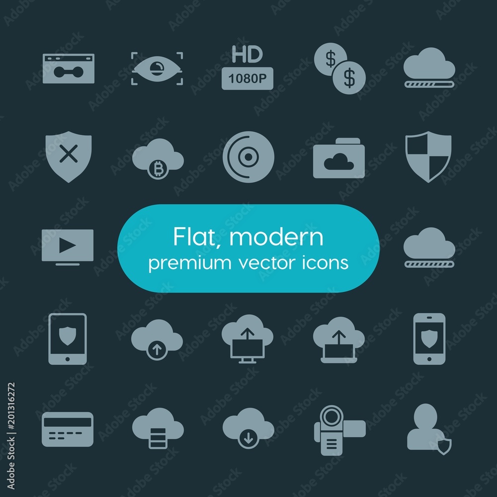 Poster modern simple set of money, cloud and networking, security, video vector fill icons. ..contains such