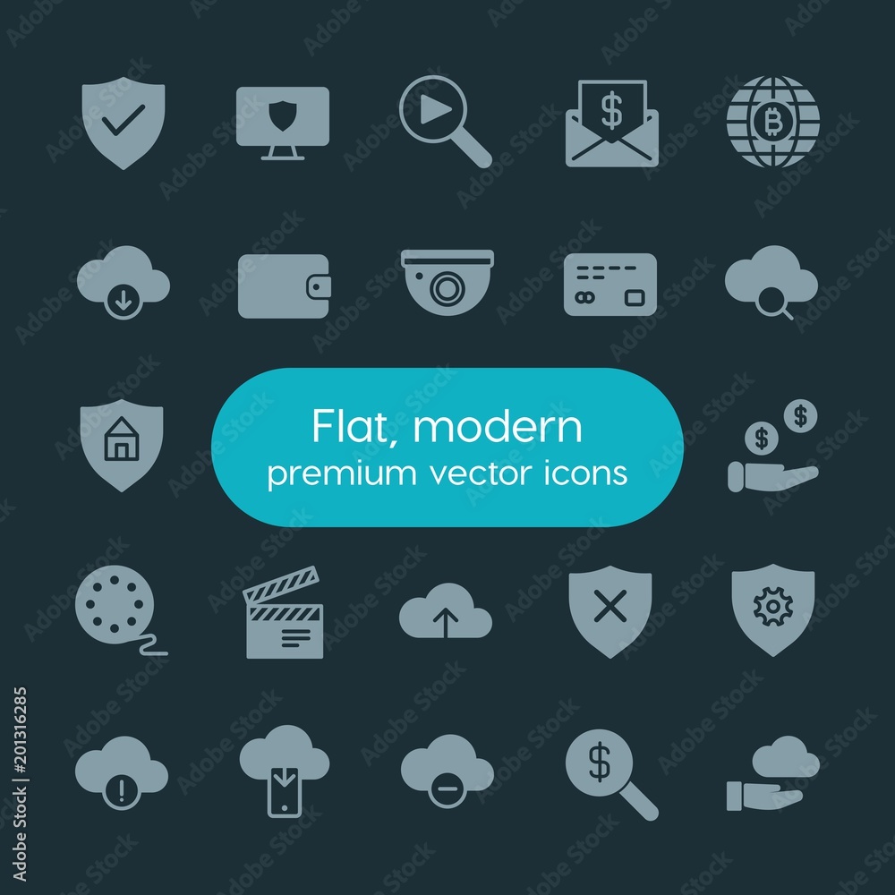Poster modern simple set of money, cloud and networking, security, video vector fill icons. ..contains such