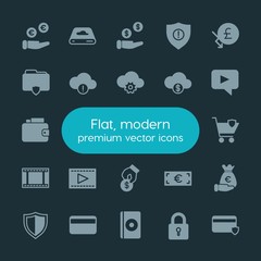 Modern Simple Set of money, cloud and networking, security, video Vector fill Icons. ..Contains such Icons as  money,  online,  graph, euro and more on dark background. Fully Editable. Pixel Perfect.