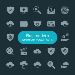 Modern Simple Set of money, cloud and networking, security, video Vector fill Icons. ..Contains such Icons as purse,  water,  nature,  error and more on dark background. Fully Editable. Pixel Perfect.