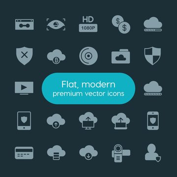 Modern Simple Set of money, cloud and networking, security, video Vector fill Icons. ..Contains such Icons as  security,  concept,  old,  tv and more on dark background. Fully Editable. Pixel Perfect.