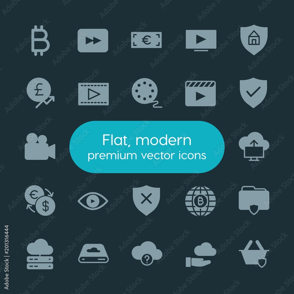 Poster modern simple set of money, cloud and networking, security, video vector fill icons. ..contains such