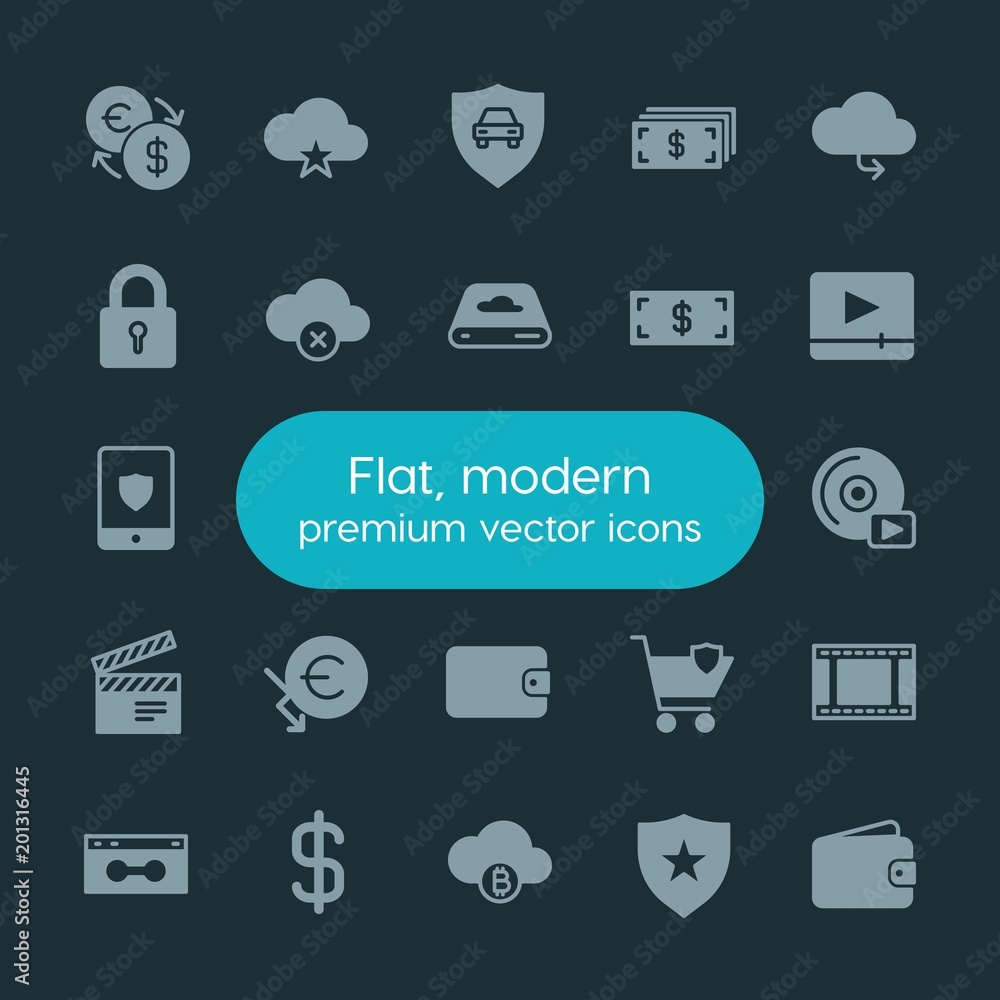 Poster modern simple set of money, cloud and networking, security, video vector fill icons. ..contains such