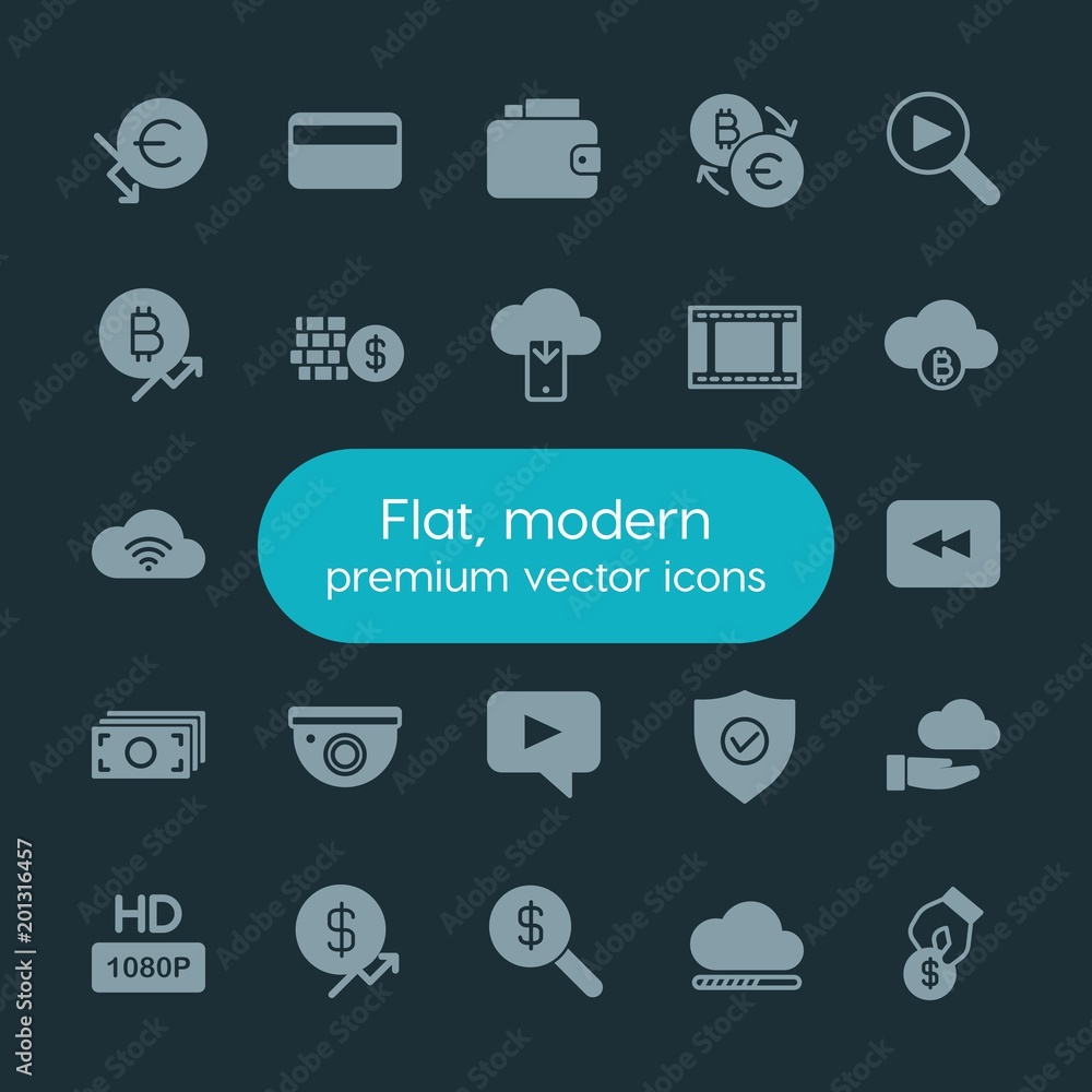 Poster modern simple set of money, cloud and networking, security, video vector fill icons. ..contains such