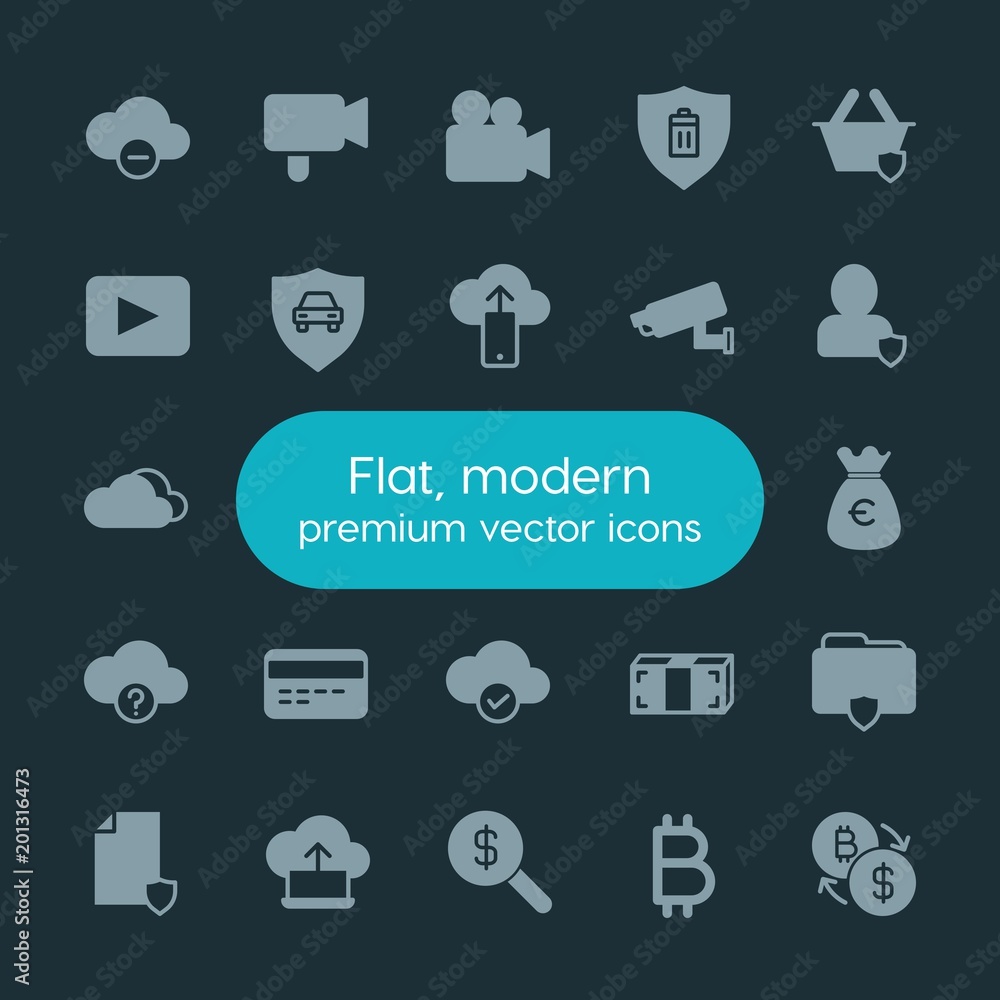 Poster modern simple set of money, cloud and networking, security, video vector fill icons. ..contains such