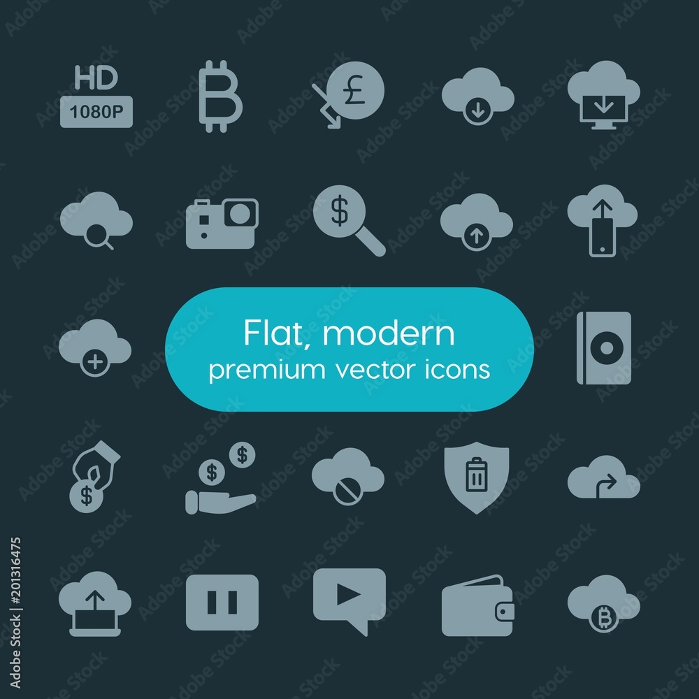 Poster modern simple set of money, cloud and networking, security, video vector fill icons. ..contains such