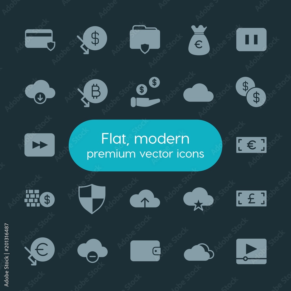 Poster modern simple set of money, cloud and networking, security, video vector fill icons. ..contains such