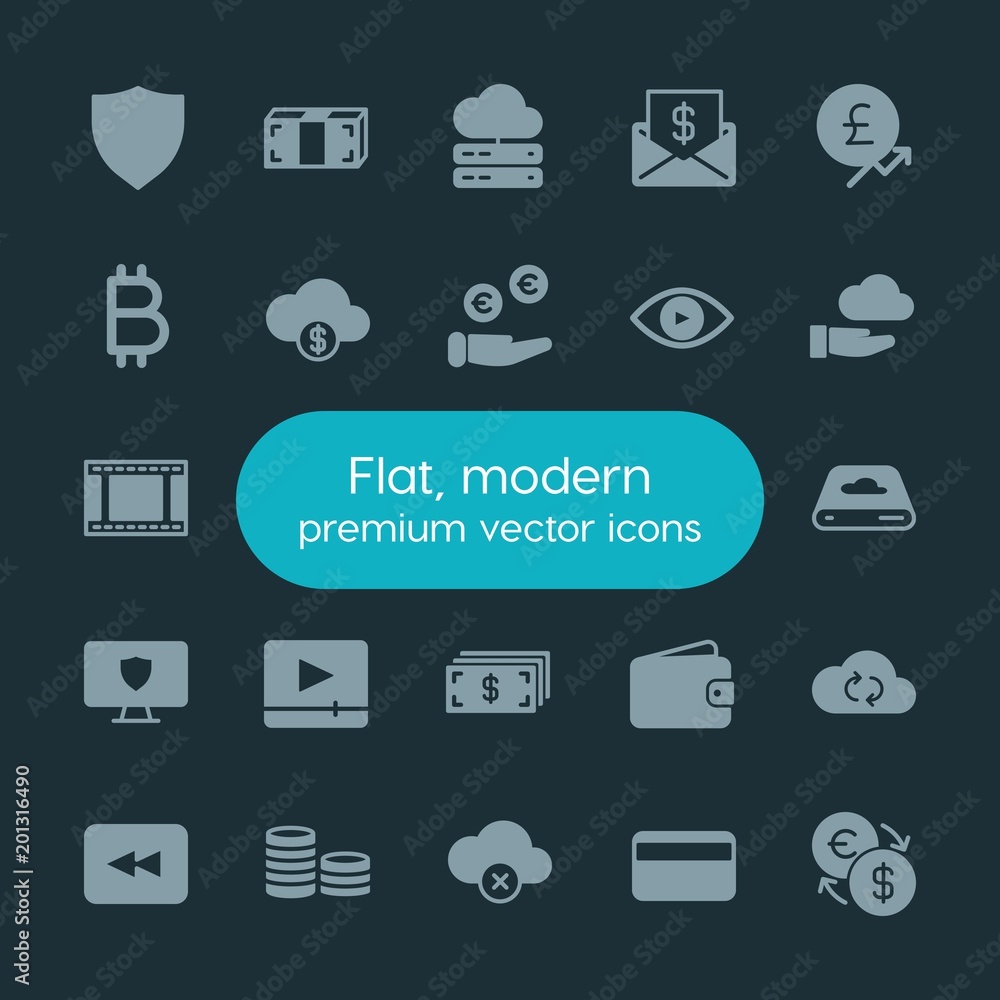 Poster modern simple set of money, cloud and networking, security, video vector fill icons. ..contains such