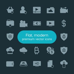 Modern Simple Set of money, cloud and networking, security, video Vector fill Icons. ..Contains such Icons as  information,  quality,  cloud and more on dark background. Fully Editable. Pixel Perfect.