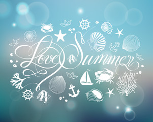 lettering love summer, sea design elements on blurred background
