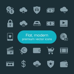 Modern Simple Set of money, cloud and networking, security, video Vector fill Icons. ..Contains such Icons as video,  vhs, car,  exchange and more on dark background. Fully Editable. Pixel Perfect.