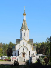 Russia, Smolensk, Temple, Church in Katyn in the summer against the blue clear sky