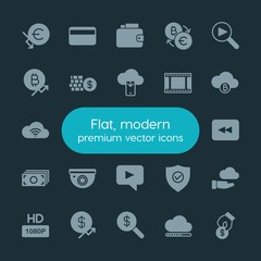 Modern Simple Set of money, cloud and networking, security, video Vector fill Icons. ..Contains such Icons as  currency,  high, cloud,  icon and more on dark background. Fully Editable. Pixel Perfect.
