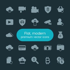 Modern Simple Set of money, cloud and networking, security, video Vector fill Icons. ..Contains such Icons as  web,  sign,  nature,  file and more on dark background. Fully Editable. Pixel Perfect.