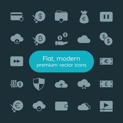Modern Simple Set of money, cloud and networking, security, video Vector fill Icons. ..Contains such Icons as stop,  sky,  credit,  web, sky and more on dark background. Fully Editable. Pixel Perfect.