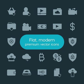 Modern Simple Set of money, cloud and networking, security, video Vector fill Icons. ..Contains such Icons as  information,  quality,  cloud and more on dark background. Fully Editable. Pixel Perfect.