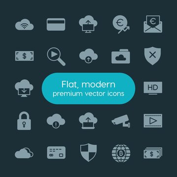 Modern Simple Set of money, cloud and networking, security, video Vector fill Icons. ..Contains such Icons as  high,  cinema, card,  camera and more on dark background. Fully Editable. Pixel Perfect.