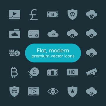 Modern Simple Set of money, cloud and networking, security, video Vector fill Icons. ..Contains such Icons as  movie,  high, video,  vehicle and more on dark background. Fully Editable. Pixel Perfect.